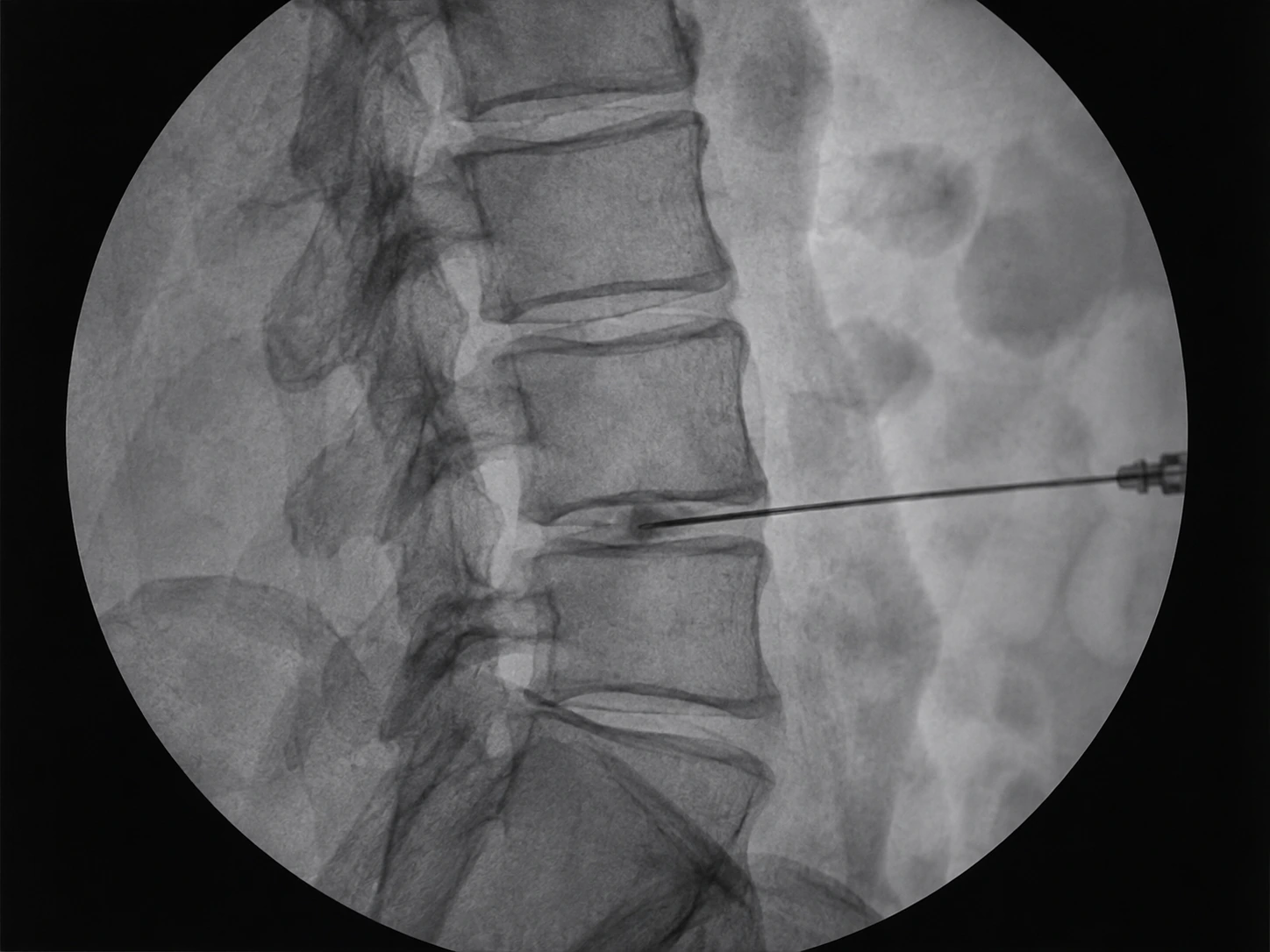 Imagen fluoroscópica de la columna lumbar durante una quimionucleólisis con aguja intradiscal