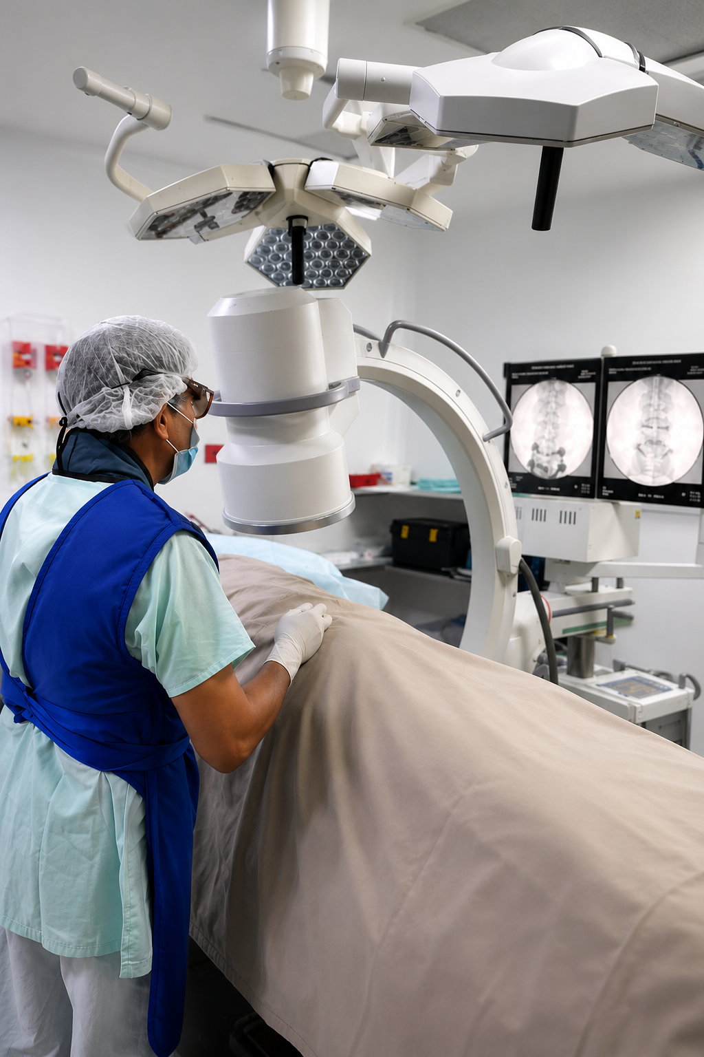 Dr. René Rodríguez realizando un procedimiento intervencionista en una sala de procedimientos con tecnología especializada para el manejo del dolor.