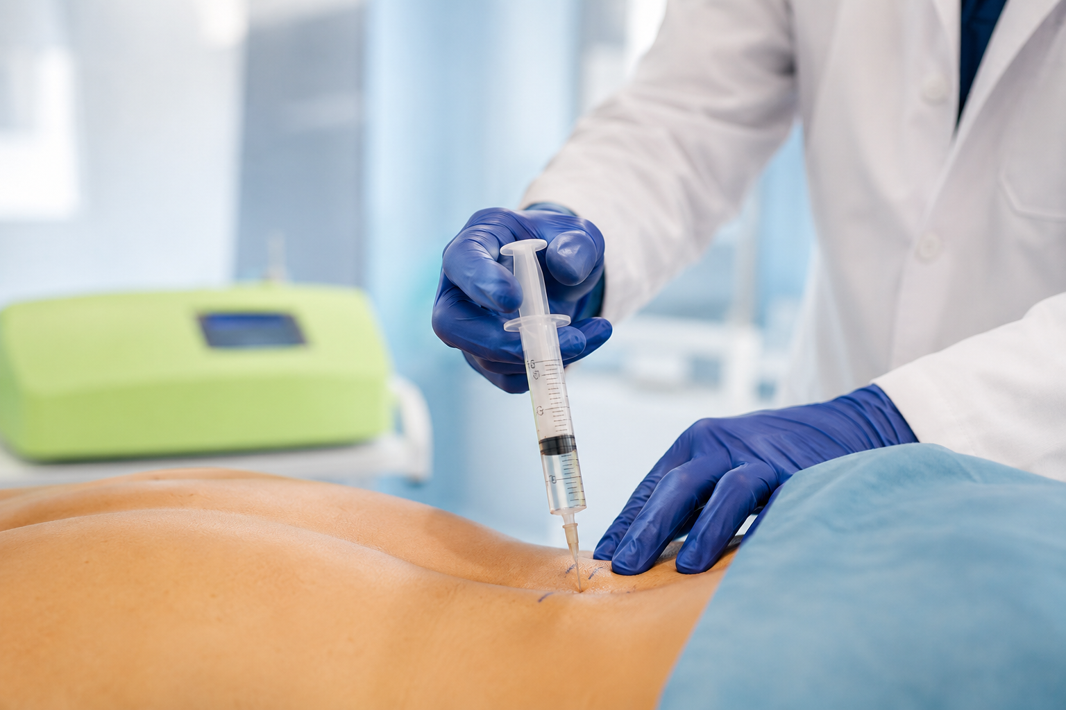 Aplicación de una infiltración de ozono médico en la zona lumbar de un paciente.