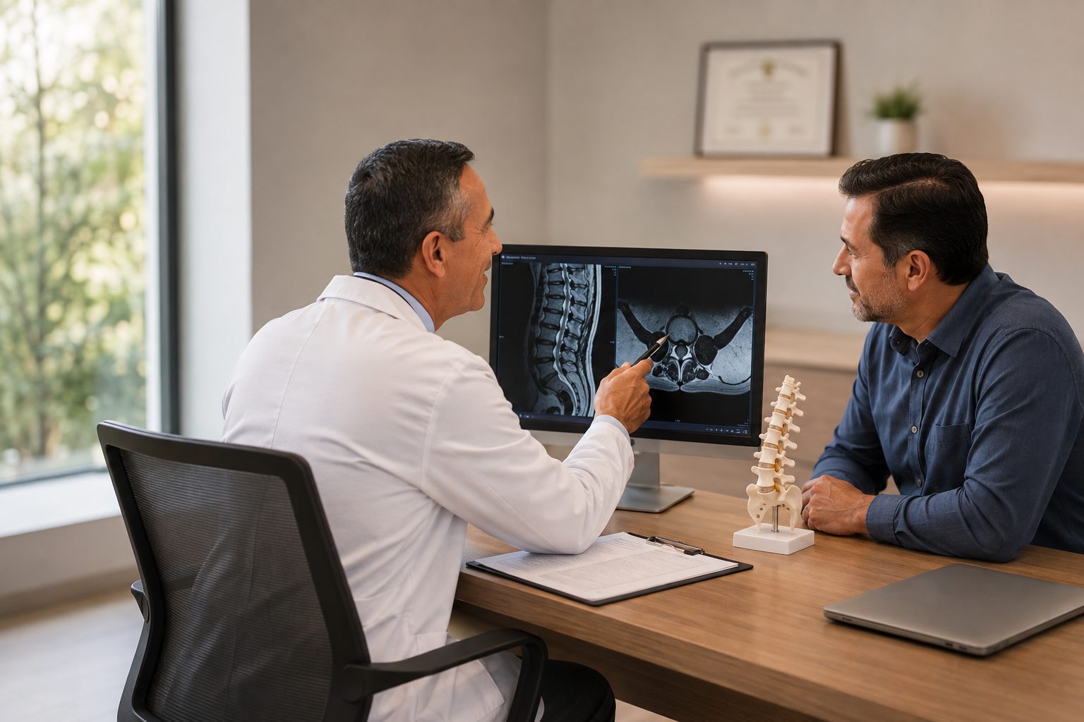 Dr. René Rodríguez conversando con un paciente durante la consulta de manejo del dolor.